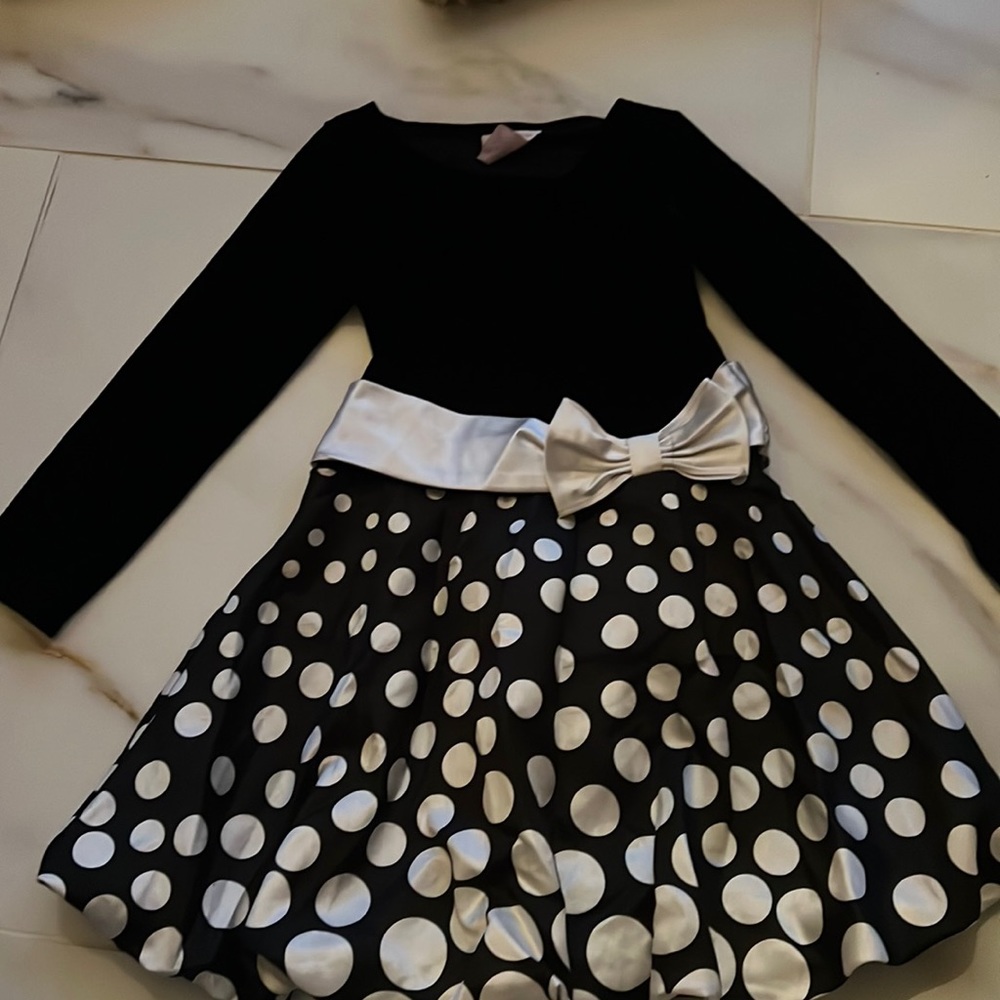 Girls Black velvet polka dot dress